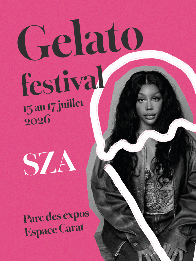 Affiche Gelato Festival : fond rose vif, portrait noir et blanc de SZA en collage découpé, typographie Warbler inclinée, dates 15 au 17 juillet 2026, Parc des expos Espace Carat, style Paul Rand