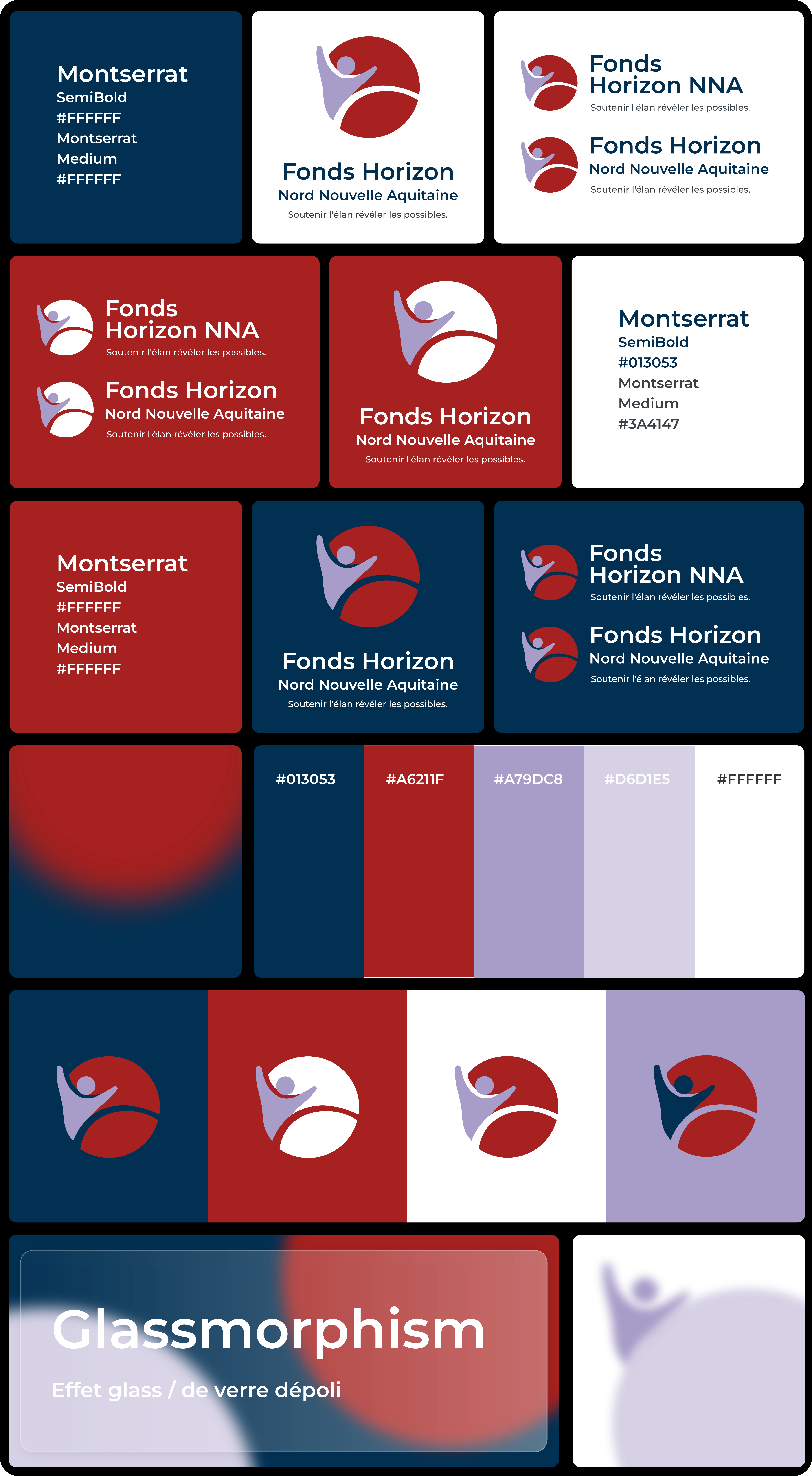 Planche de charte graphique Horizon NNA : palette rouge/blanc/lavande, variations du logo, typographies Montserrat, effet glassmorphism