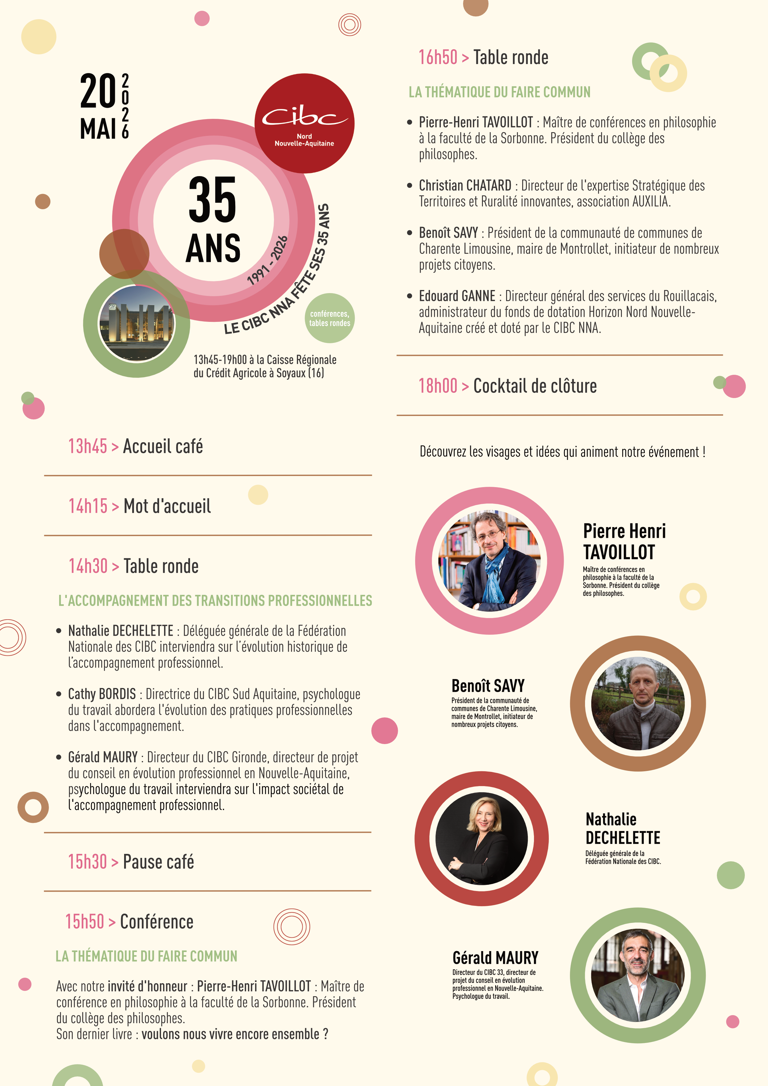 Programme complet de l'événement : agenda détaillé avec photos des intervenants, formes circulaires Bauhaus, palette rose-vert-marron
