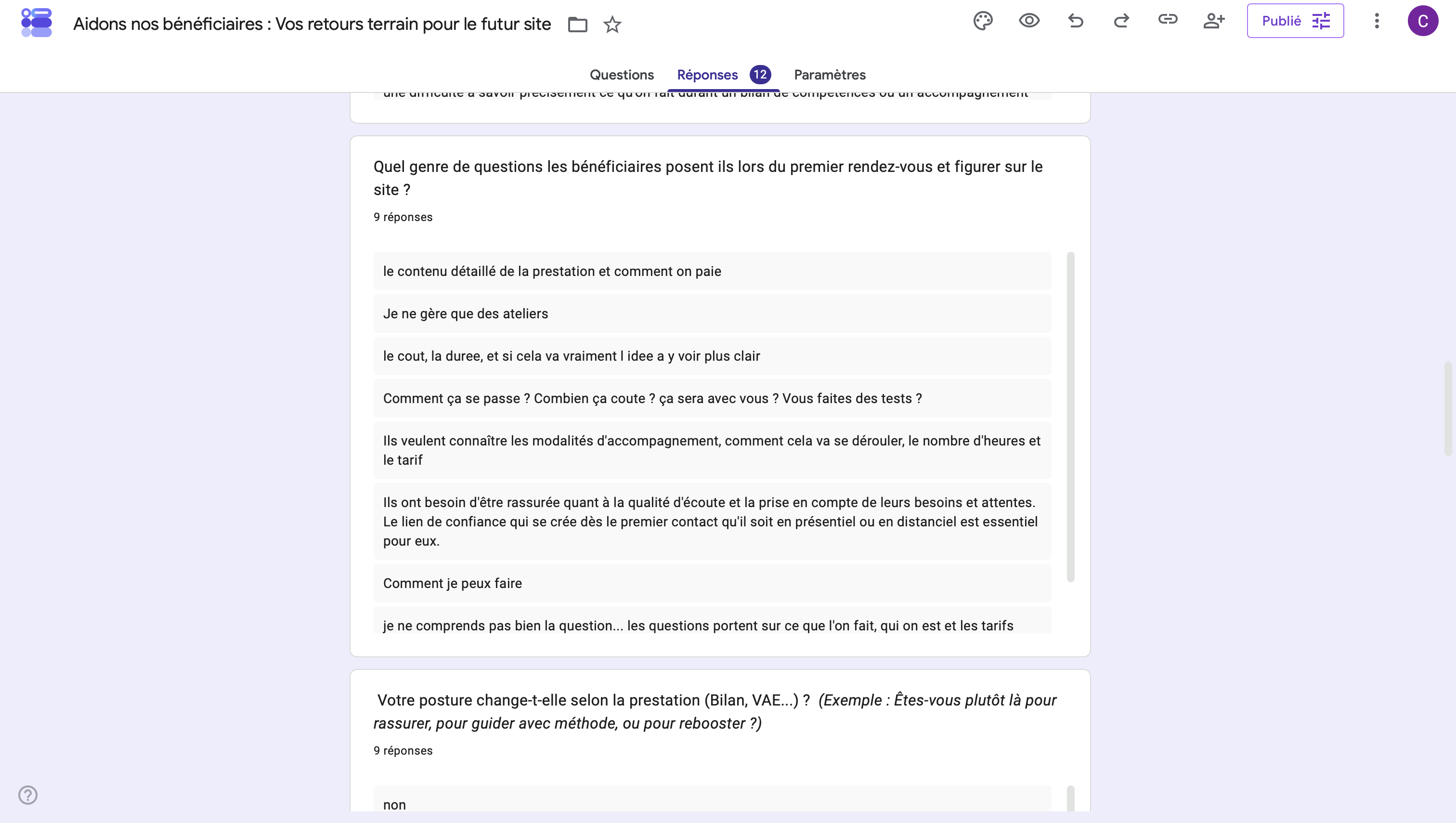 Résultats du questionnaire interne diffusé aux salariés du CIBC NNA : exemples de réponses sur les attentes des bénéficiaires